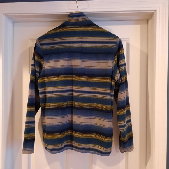 Eddie‎ Bauer Fleece Mens Small Blue Striped Snap Up Sweatshirt Southwest Hiking - Picture 2 of 9